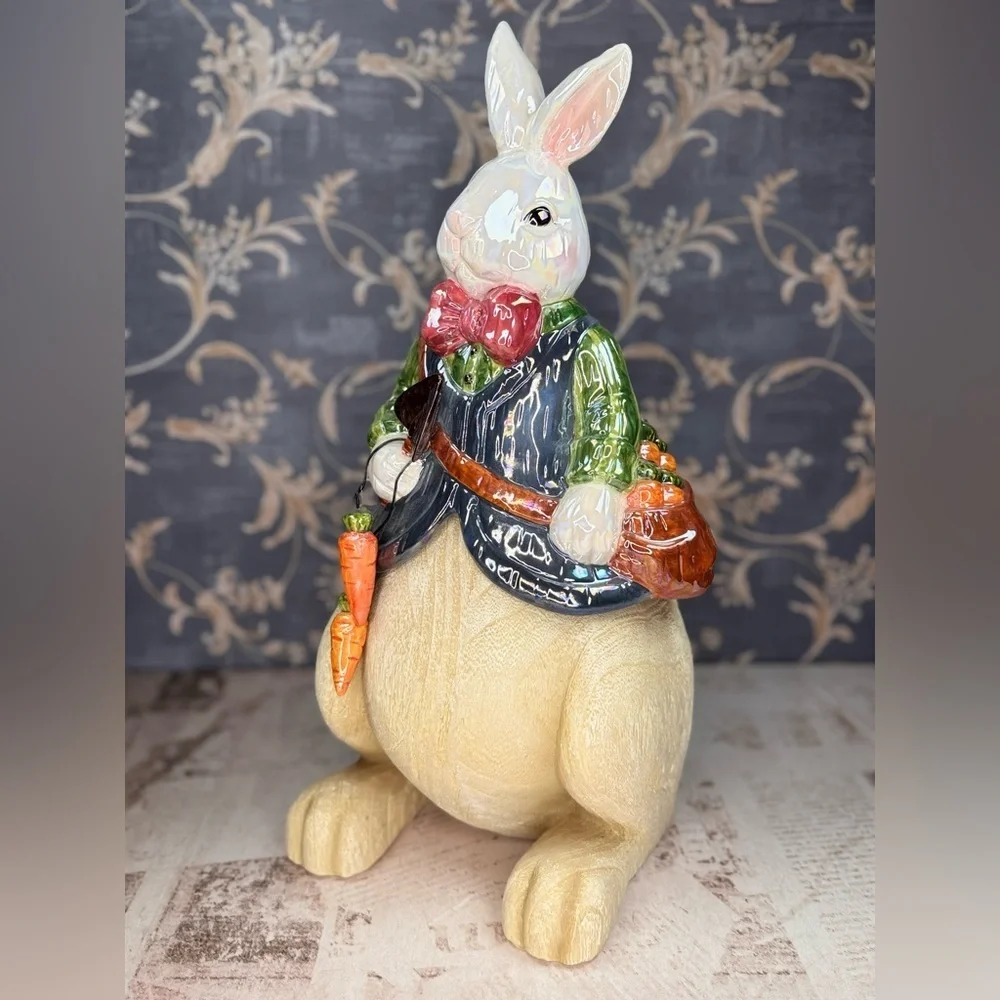 Vintage Style Ceramic Easter Bunny Figurine Gentleman Rabbit w/ Carrot Satchel